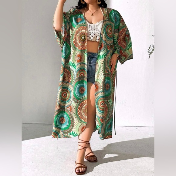 New Mandala Print Open Front Kimono Boho 3/4 Sleeve Cover Up Longline Swim Cover - Picture 7 of 10